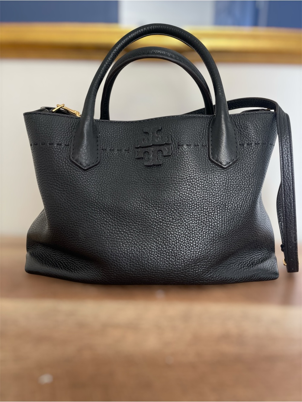 Tory Burch McGraw Top Handle Satchel Crossbody bag Black Pebble leather
